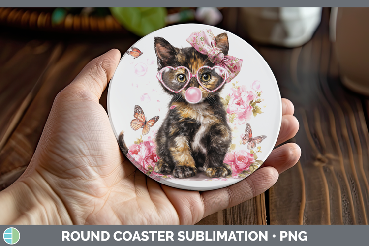 Tortoiseshell Cats Pink Bubble Gum Round Coaster Sublimation