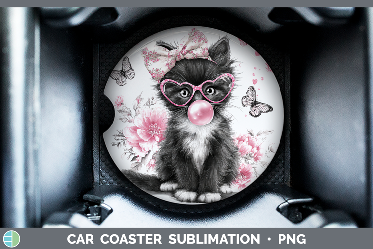 Tuxedo Cats Pink Bubble Gum Car Coaster Sublimation Design