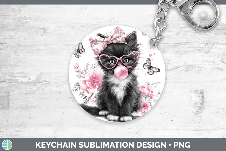 Tuxedo Cats Pink Bubble Gum Keychain Sublimation Design