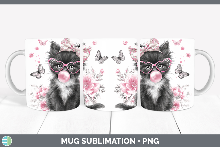 Tuxedo Cats Pink Bubble Gum Mug Wrap Sublimation Design