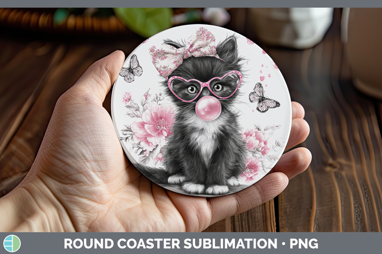 Tuxedo Cats Pink Bubble Gum Round Coaster Sublimation Design