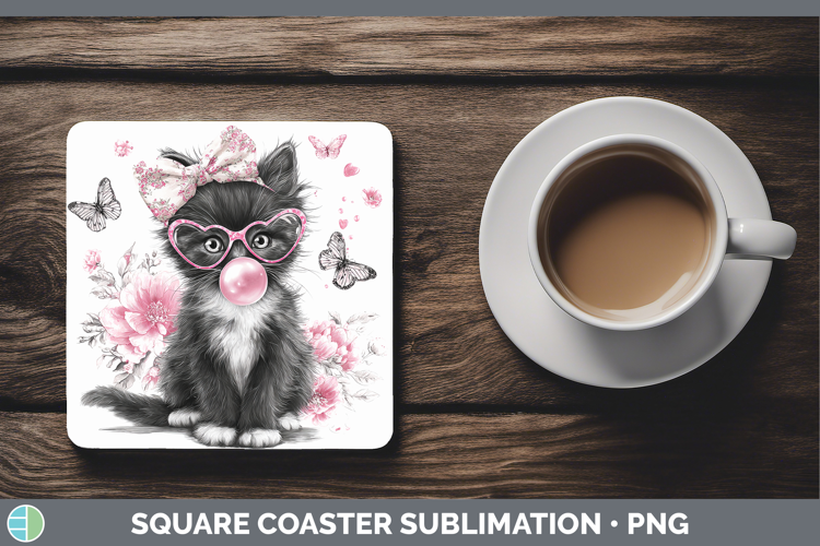 Tuxedo Cats Pink Bubble Gum Square Coaster Sublimation Desig