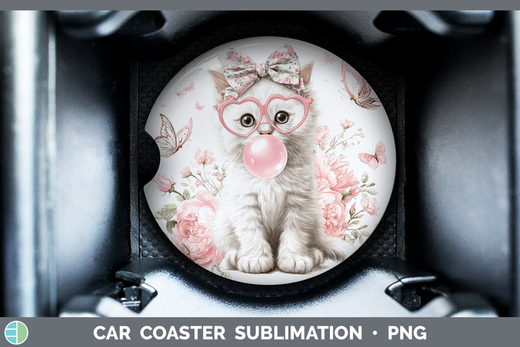 White Cats Pink Bubble Gum Car Coaster Sublimation Design