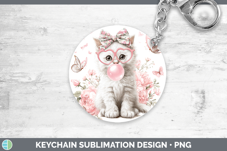 White Cats Pink Bubble Gum Keychain Sublimation Design