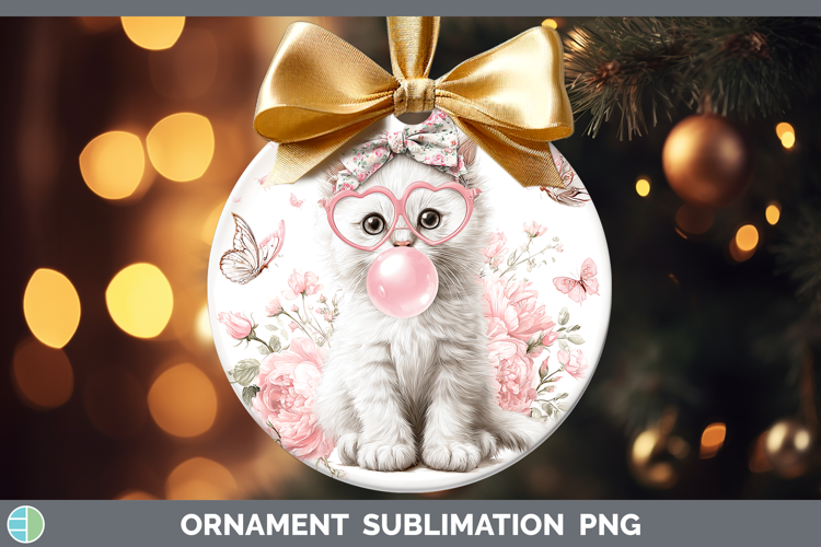 White Cats Pink Bubble Gum Ornament Sublimation Design