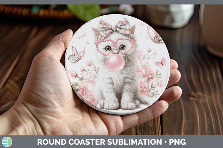 White Cats Pink Bubble Gum Round Coaster Sublimation Design