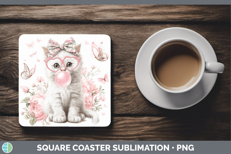 GorgeousCats Pink Bubble Gum Square Coaster design.