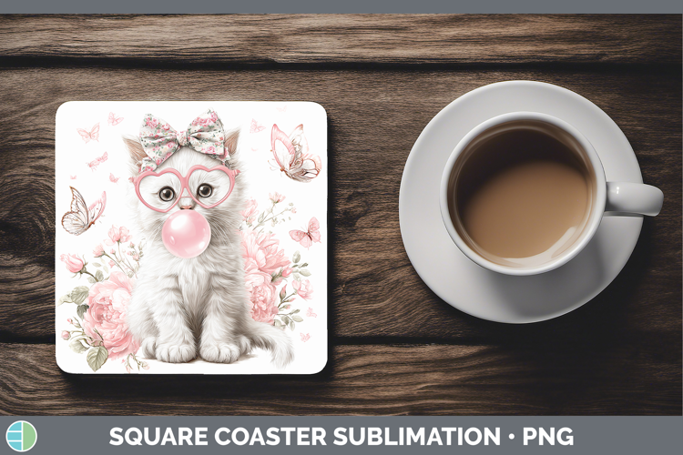 White Cats Pink Bubble Gum Square Coaster Sublimation Design