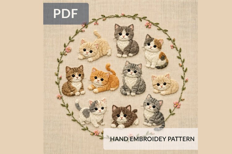 Cute Kitten Embroidery Pattern PDF, Round Hoop Hand Embroide example image 1