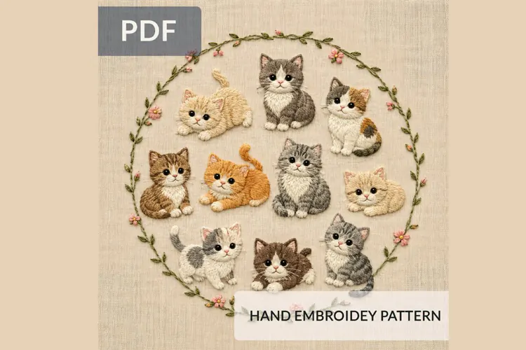 Cute Kitten Embroidery Pattern PDF, Round Hoop Hand Embroide