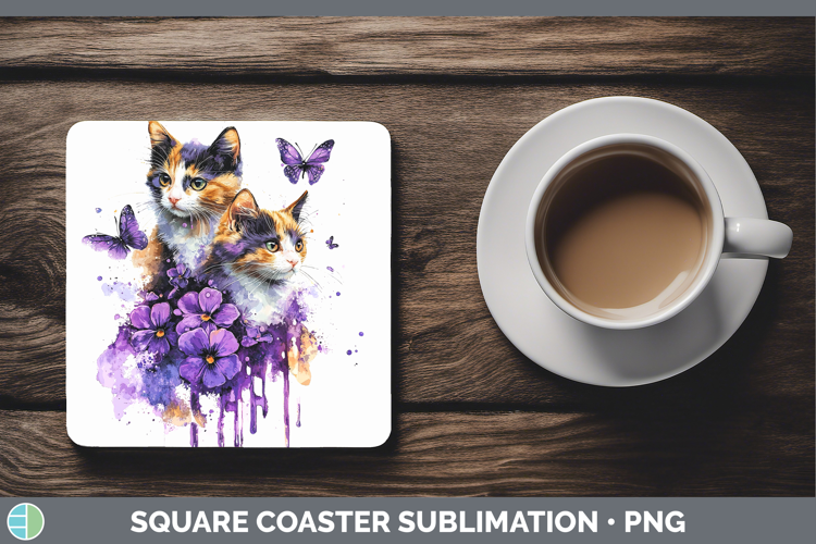 Cats Purple Drips Calico Square Coaster Sublimation Coaster