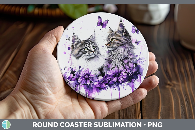 Cats Purple Drips Maine Coon Round Coaster Sublimation Coast