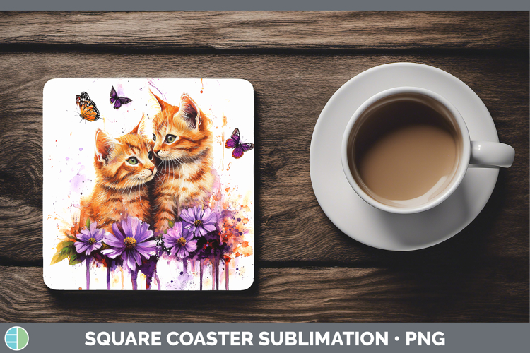 Cats Purple Drips Orange Square Coaster Sublimation Coaster