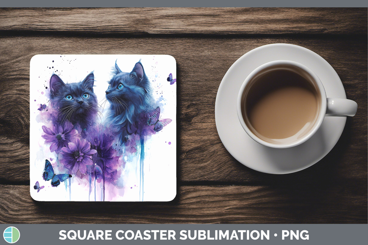 Cats Purple Drips Russian Blue Square Coaster Sublimation Co