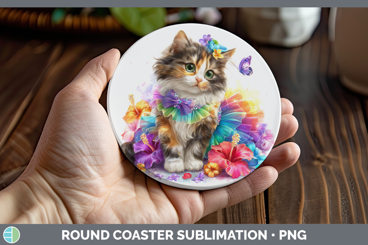 Cats Rainbow Summer Calico Cat Round Coaster Sublimation Coa