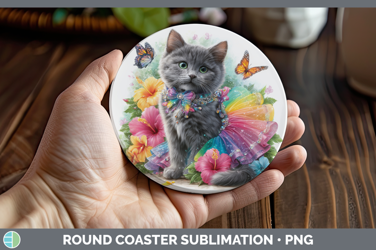 Cats Rainbow Summer Russian Blue Cat Round Coaster Sublimati