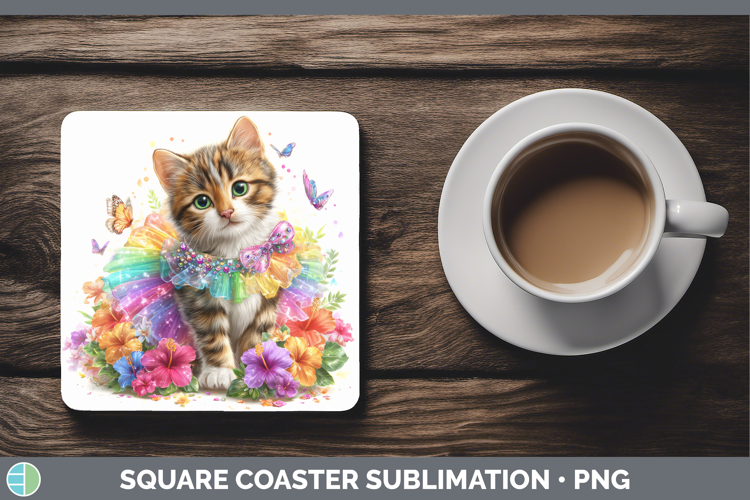 Cats Rainbow Summer Tabby Cat Square Coaster Sublimation Coa