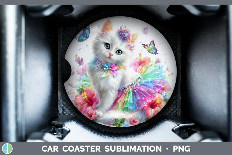 Cats Rainbow Summer White Cat Car Coaster Sublimation Desig