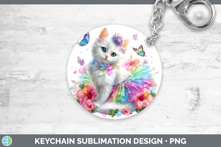 Cats Rainbow Summer White Cat Keychain Sublimation Keyring D