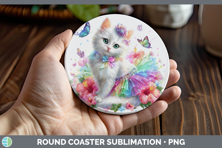 Cats Rainbow Summer White Cat Round Coaster Sublimation Coas