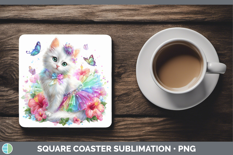 Cats Rainbow Summer White Cat Square Coaster Sublimation Coa