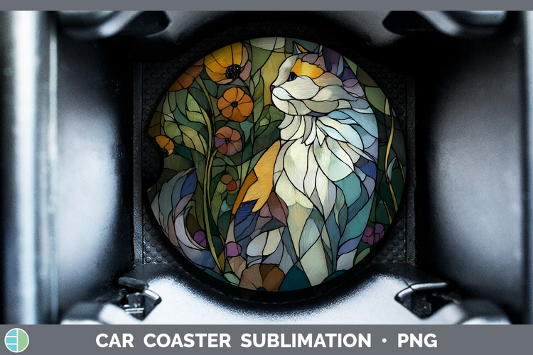 Angora Cat Car Coaster Cats Stained Glass Wild Flowers Subli