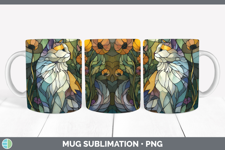 Angora Cat Mug Wrap Cats Stained Glass Wild Flowers Sublimat