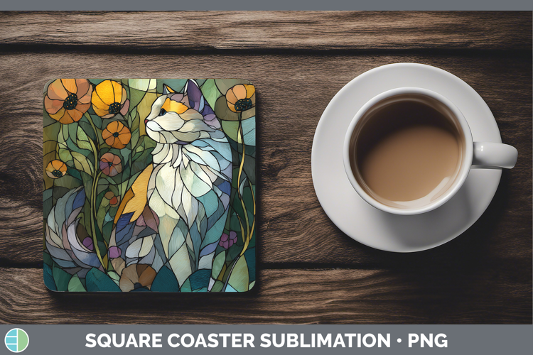 Angora Cat Square Coaster Cats Stained Glass Wild Flowers Su