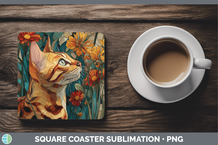 Bengal Cat Square Coaster Cats Stained Glass Wild Flowers Su