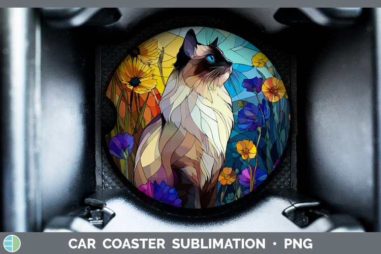 Birman Cat Car Coaster Cats Stained Glass Wild Flowers Subli
