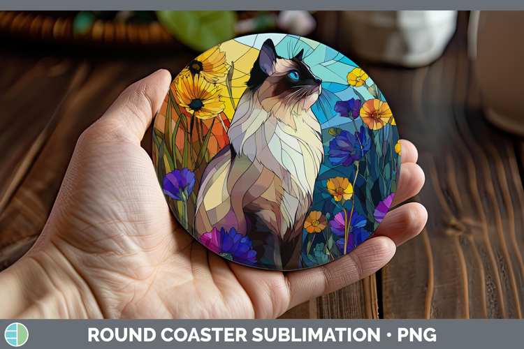Birman Cat Round Coaster Cats Stained Glass Wild Flowers Sub