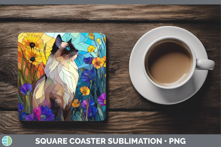 Birman Cat Square Coaster Cats Stained Glass Wild Flowers Su