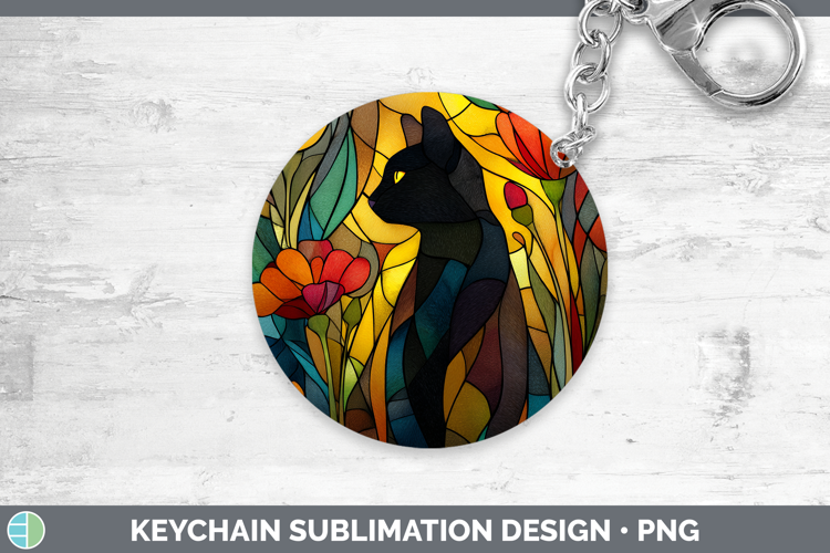 Black Cat Keychain Cats Stained Glass Wild Flowers Sublimati