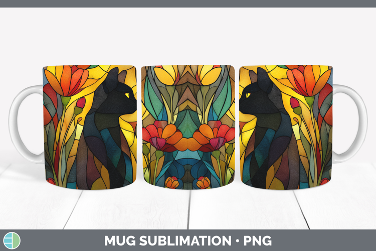 Black Cat Mug Wrap Cats Stained Glass Wild Flowers Sublimati