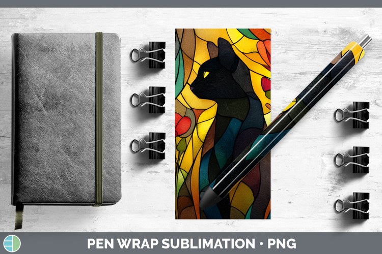 Black Cat Pen Wrap Cats Stained Glass Wild Flowers Sublimati