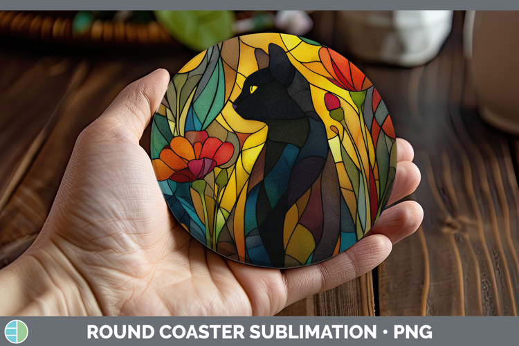 Black Cat Round Coaster Cats Stained Glass Wild Flowers Subl