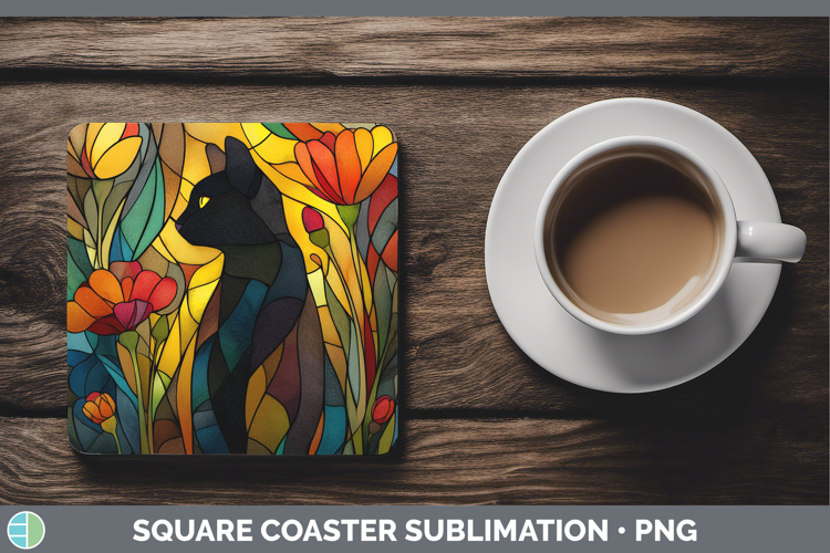 Black Cat Square Coaster Cats Stained Glass Wild Flowers Sub