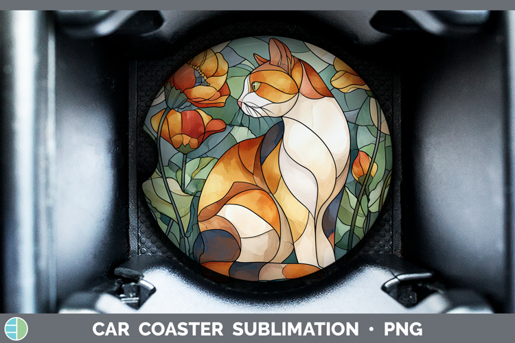 Calico Cat Car Coaster Cats Stained Glass Wild Flowers Subli