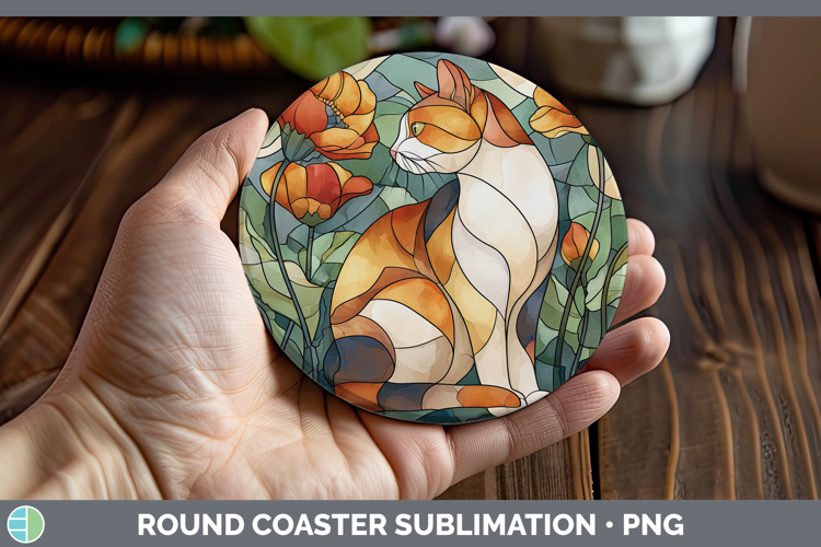 Calico Cat Round Coaster Cats Stained Glass Wild Flowers Sub