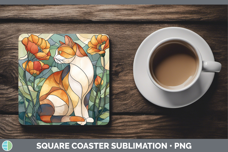 Calico Cat Square Coaster Cats Stained Glass Wild Flowers Su