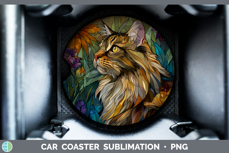 Maine Coon Cat Car Coaster Cats Stained Glass Wild Flowers S