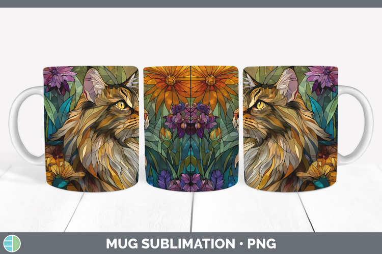 Maine Coon Cat Mug Wrap Cats Stained Glass Wild Flowers Subl