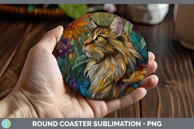 Maine Coon Cat Round Coaster Cats Stained Glass Wild Flowers