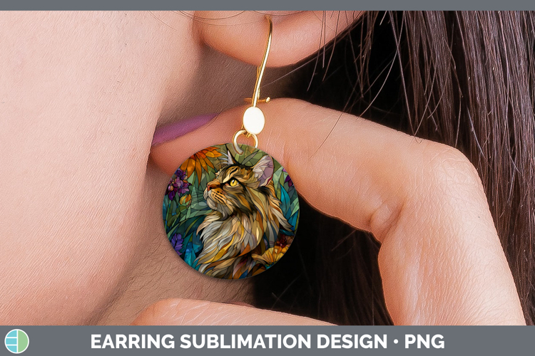 Maine Coon Cat Round Earrings Cats Stained Glass Wild Flower