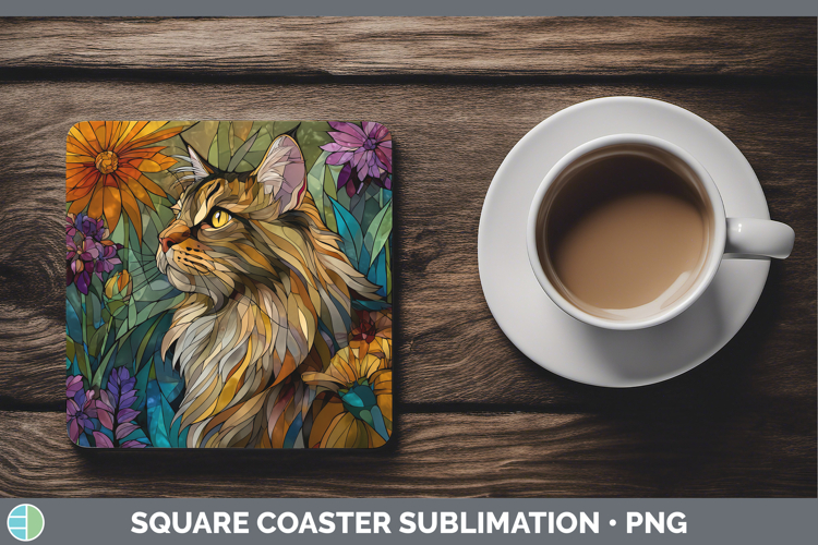 Maine Coon Cat Square Coaster Cats Stained Glass Wild Flower