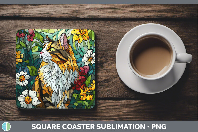 GorgeousCats Stained Glass Wild Flowers Square Coaster design.