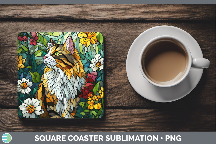 Norwegian Forest Cat Square Coaster Cats Stained Glass Wild