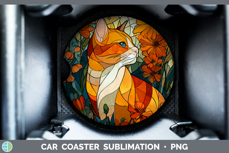 Orange Cat Car Coaster Cats Stained Glass Wild Flowers Subli