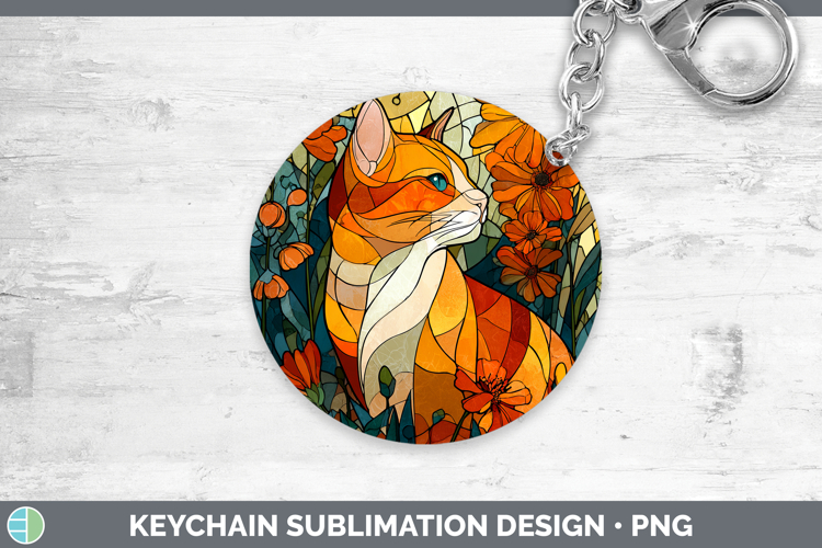 Orange Cat Keychain Cats Stained Glass Wild Flowers Sublimat