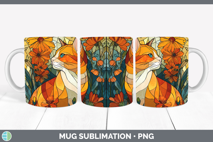 Orange Cat Mug Wrap Cats Stained Glass Wild Flowers Sublimat